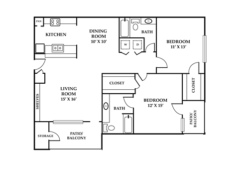 Floor plan for 2 beds, 2 baths, 1094 sqft